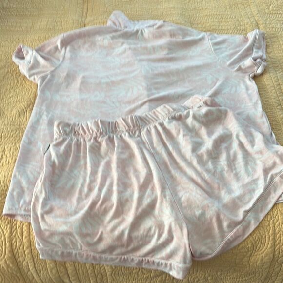 Pink and White Floral Cotton Pajama Set. Button top with elastic waist shorts. - Picture 6 of 6